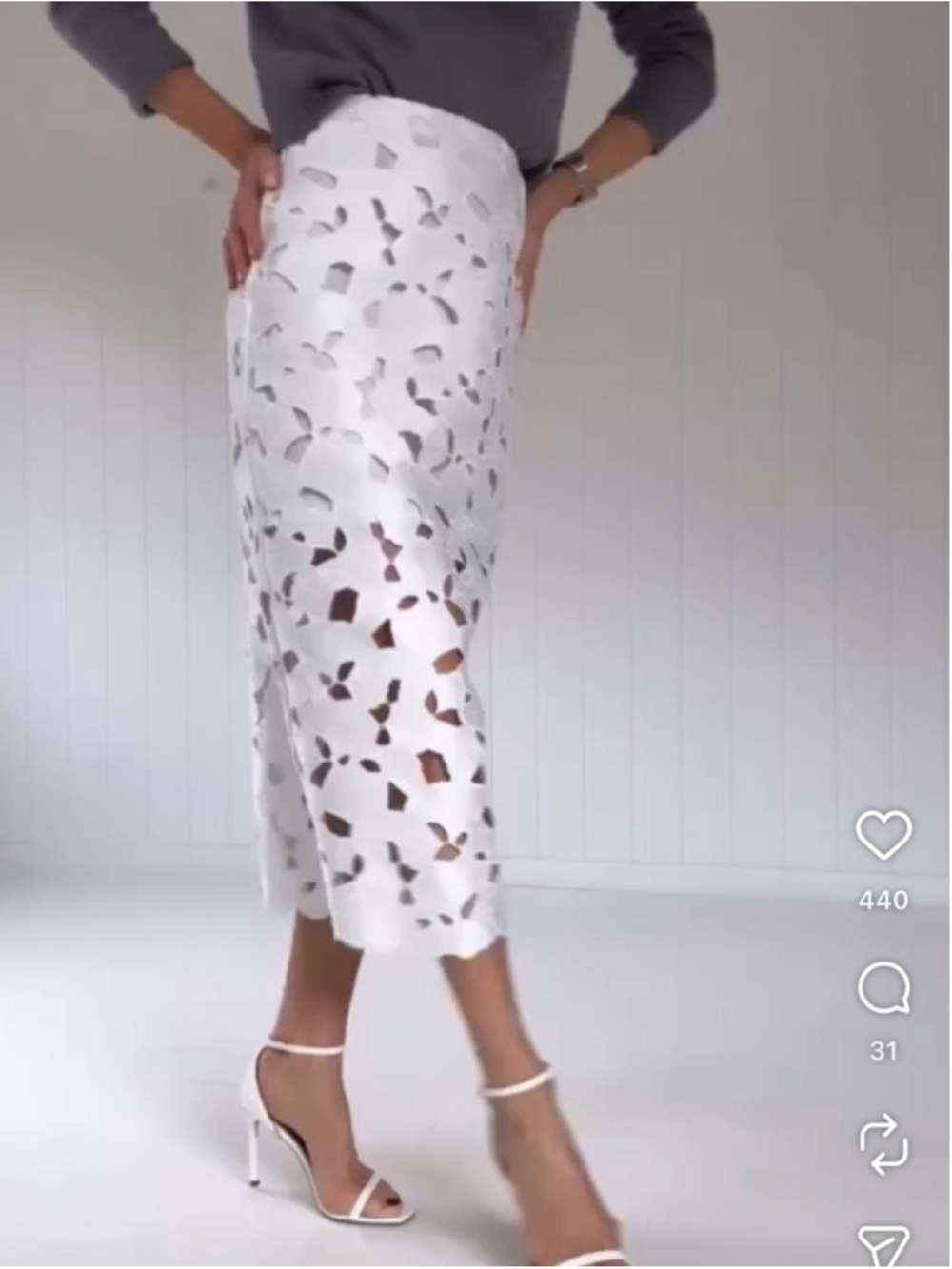 H&M White Floral Cutout Lace Midi Pencil Skirt Size 4 Embroidered Eyelet